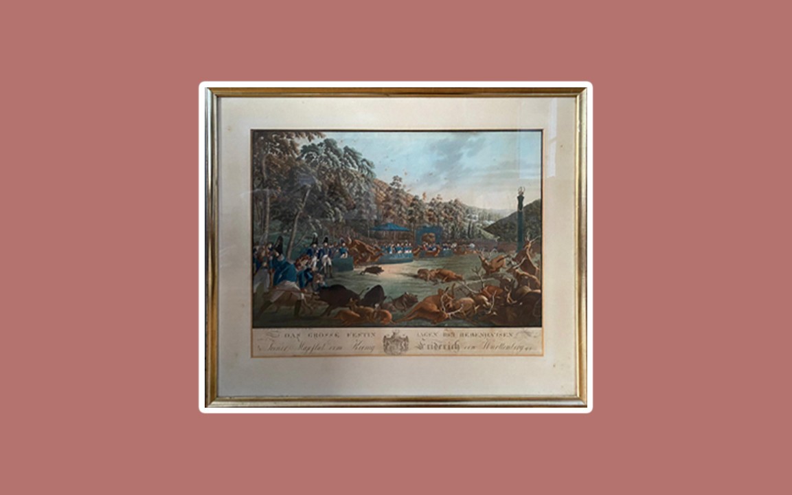 Lithographie, scène de lutte entre un homme et un animal