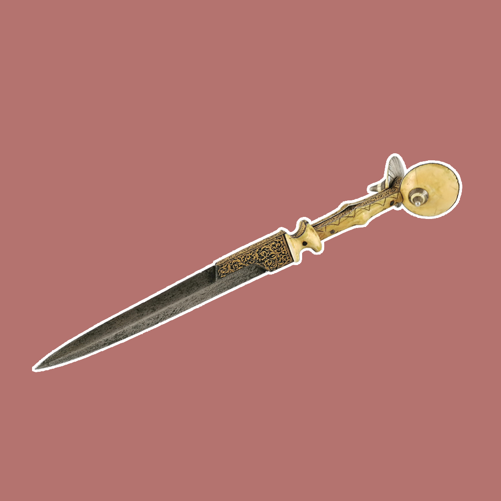 Dague à oreilles dans le gout du travail de Diego Caias. Monture en fer damasquiné, ivoire et argent.